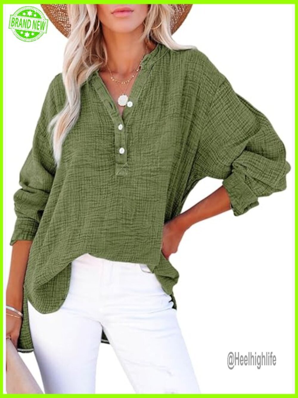 Oversized V-Neck Button Blouse Long Sleeve Cotton Tunic Top